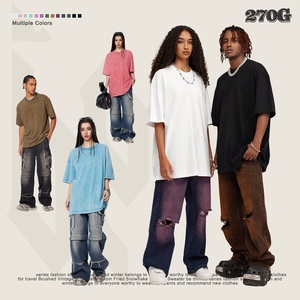 T-shirts pour hommes High Street Style Heavyweight Washed Batik Small Neckline 100% Cotton Loose Short Sleeve Tshirt - Product Image 4