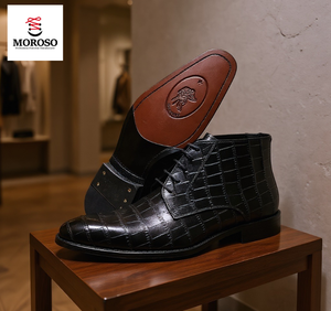 מגפי צ'לסי יוקרתיים לגברים של MOROSO, מגפיים עסקיים רשמיים, דוגמת עור נחש, עור אמיתי, שרוכים, מגפי קרסול, שפיץ, סגנון בריטי - Product Image 1