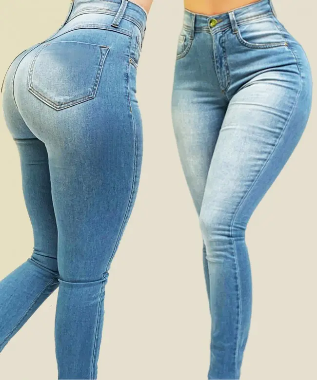 Pantalones vaqueros largos ajustados de talla grande, elásticos de Vaqueros cintura alta, azul, 2021