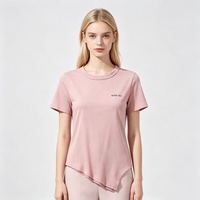 Camiseta Básica de Algodón para Mujer con Cuello Redondo, Color Rosa Sólido, Dobladillo Irregular, Bordado en el Pecho, Personalizable en Color
