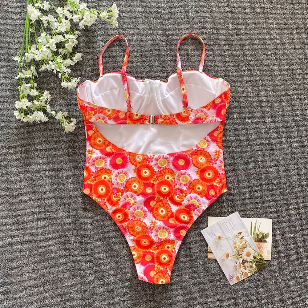 DAMOCHIC New Design Bathing Suits for Women One Piece Swimsuits Floral Print Plaid Push Up Backless Thong Swimwear for Women
