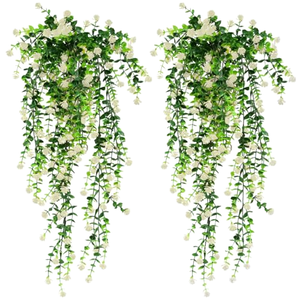 Pianta Artificiale Pendente in Plastica ODM, Piccola Vite Verde con Fiori, 2 Pezzi, Foglie Rotonde a Trombetta, Decorazione da Parete per Interni, Riutilizzabile - Product Image 1