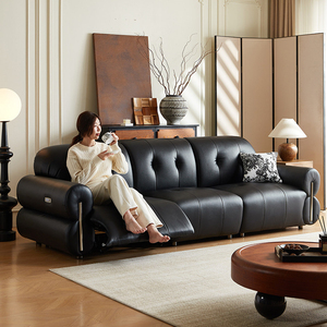 Canapé-lit électrique en cuir véritable, deux, trois ou quatre places, style rétro français, fonctionnel et motorisé pour salon - Product Image 1