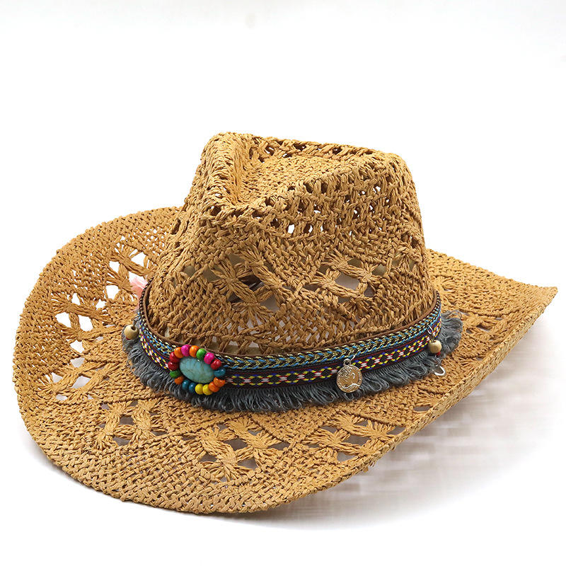Finestyle New Paper Straw Cowboy Hat Ribbon Tassel Band Shapeable Brim  Beach Cowgirl Cowboy Hat