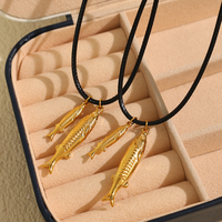 Collier pendentif poisson en acier inoxydable avec cordon en cuir plaqué or 18 carats, vintage, mignon et unique, Lateefah