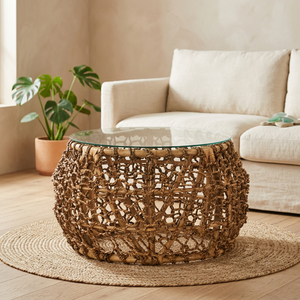 Modern Natural Coffee <b>Table</b> with Rattan Cane and Weaving Banana Leaf <b>Glass</b> Top for Living Room - Product Image 3