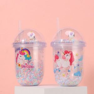 Sweet 450ml Magical Cartoon Unicorn Clear Double Wall Plastic Straw Tumbler <b>with</b> Straw Pastel Bead <b>Decor</b> Dome <b>Lid</b> Mini Unicorn - Product Image 3
