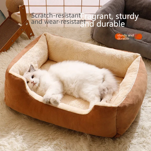 Lit pour chat en peluche solide et rectangulaire, chaud pour l'hiver, fourrure synthétique douce, grotte pour chat fermée, coussin amovible, design classique et tendance - Product Image 2