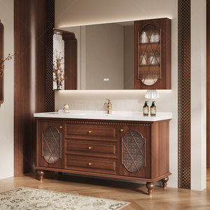 Traditional Solid Wood Bathroom <b>Vanity</b> with Ceramic Basin and Framed <b>Mirror</b> 60 In Floor Standing Dark Finish - Product Image 4