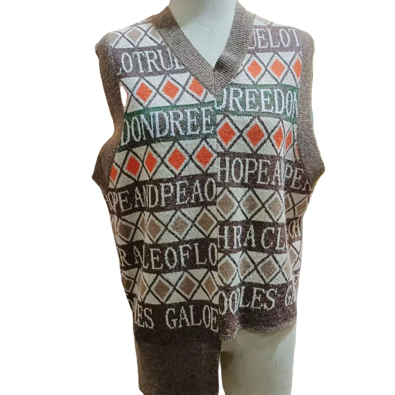 Distintivo maglione Pullover senza maniche marrone gilet lettera Computer lavorato a maglia con scollo a V maglione invernale donna