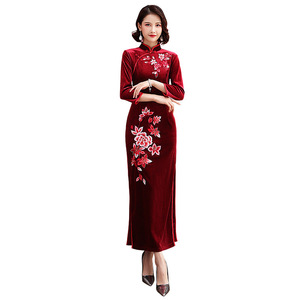 Lungo cinese migliorato cheongsam che ricamo demure cheongsam dress - Product Image 1