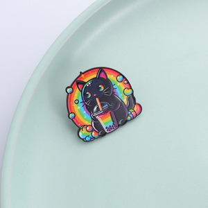 Pin con diseño de Gato Negro Arcoíris, Perla y Té <span class=keywords><strong>Bobo</strong></span> con Impresión UV, Broches Kawaii Psicodélicos de Animales, Insignia para Bolsos y Solapas, Regalo para Niños y Amigos - Product Image 1