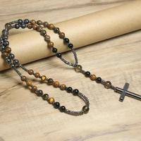 Collier pendentif croix chrétienne en pierre naturelle avec perles en œil de tigre et fer, chapelet unisexe, vente en gros