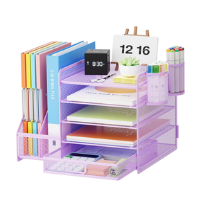 منظم خطابات ورقي 5 طبقات مع حامل ملفات - منظم مكتبي بدرج وحامل أقلام، منظم مكتبي شبكي معدني - Product Image 6