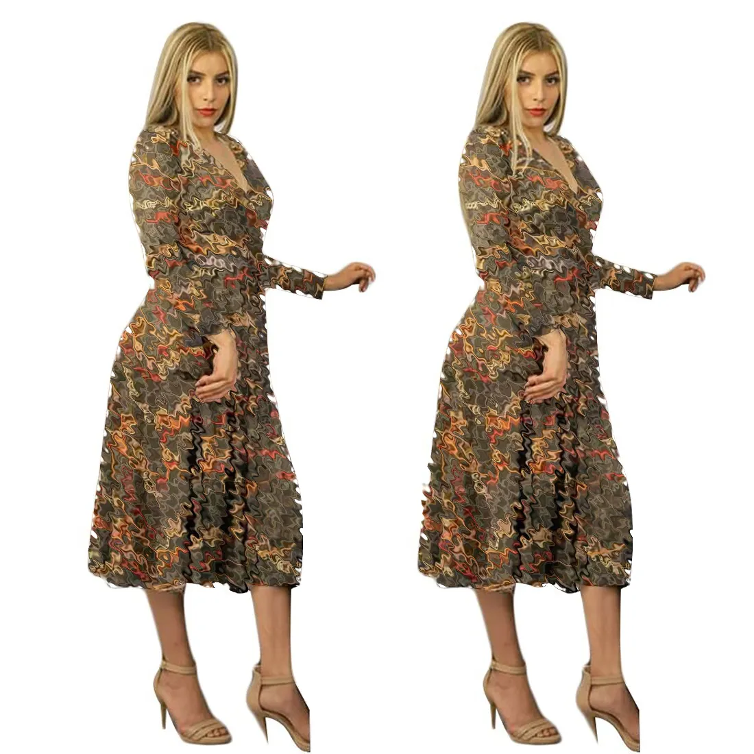 유럽과 미국 국경 여성 의류 패션 디지털 인쇄 캐주얼 긴팔 드레스 벨트