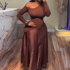 Robes longues trapèze sans bretelles à col asymétrique et taille haute pour femmes, à manches longues, tendance - Product Image 5