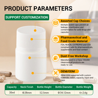 Flacon échantillon de 30 ml en PEHD de qualité alimentaire blanc pour capsules de suppléments vitaminiques avec bouchon à vis