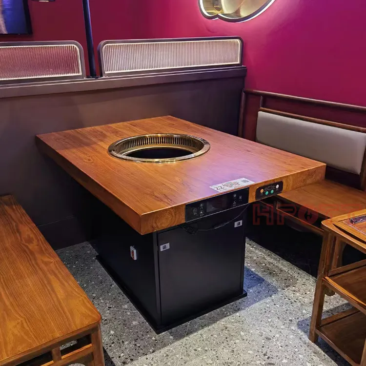 चीनी 4 सीटर इलेक्ट्रिक स्मोकलेस ठोस लकड़ी रेस्तरां गर्म बर्तन डेनिंग टेबल