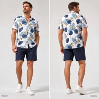 Chemise Hawaïenne Homme Personnalisée OEM ODM, en Polyester à Imprimé Feuilles Tropicales, Col Camp, Coupe Décontractée pour Sports de Plein Air et Vacances