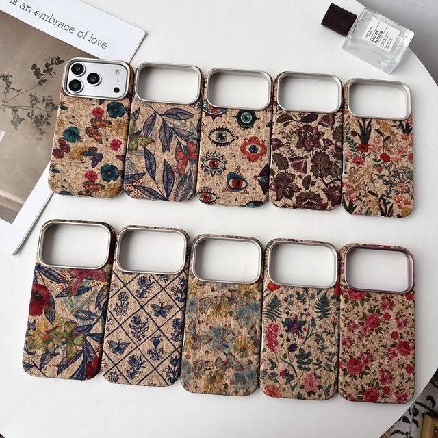 2026 New Cork Retro Flower Wireless Charge Magnetic Shockproof 360 Protection Phone Case for IPhone17 Pro Max
