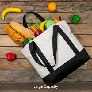Custom Fashion Daily Essentials Shopping <b>Large</b> Capacity Canvas Tote Bag With External Pocket Top Zipper Closure - Product Image 4