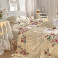 Parure de lit 4 pièces en coton 100% plissé style princesse, unie et romantique, personnalisable, toutes saisons, avec dentelle, pour palais