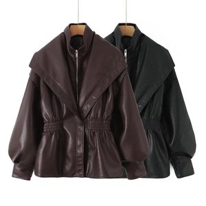 เสื้อแจ็คเก็ตหนังเทียม PU แขนกระดิ่ง คอปกเก๋ไก๋สำหรับผู้หญิง แฟชั่น - Product Image 1