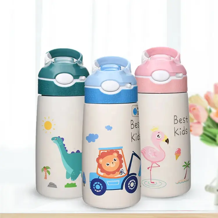 Aohea 400ml 316 stainless steel insulated water bottle for kids BPA-free cup lid School water bottle with straw