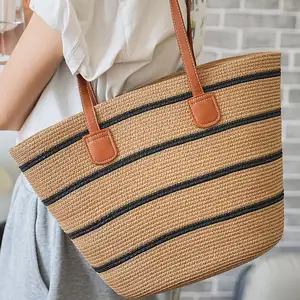 Grosir OEM tas tangan wanita kapasitas besar tas bahu tas jerami kertas tas tote jerami pantai musim panas