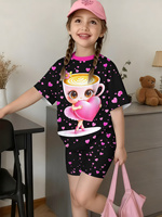 Ensemble de survêtement à manches courtes pour filles 2026, noir et rose, avec imprimé lettres 23 Dove, tenue décontractée sportive pour enfants (T-shirt et short)