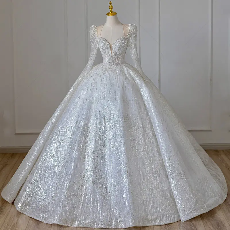 Long Sleeve Wedding Dress Bride 2023 New Big Trailing V-Neck Heavy Industry Starry Shining Bright Wedding Dress