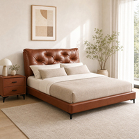 Lit double moderne de luxe en cuir véritable avec rembourrage en duvet, dossier souple, cadre en bois massif, tête de lit capitonnée, taille king size