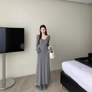 V-neck Flared Sleeve Sweater Dress Women Autumn Winter Long Fit And Flare Solid Color Vintage Style Maxi Dress Natural Waist - Product Image 3