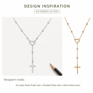 Collier en Y avec pendentif croix cœur perlé en acier inoxydable plaqué or 14K sous vide, chaîne réglable, tons or et argent - Product Image 3