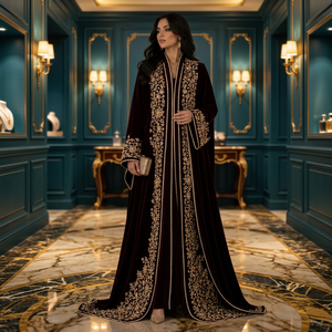 Elegant Velvet Breathable <b>Abaya</b> <b>Dress</b> Women Floor Length Floral Embroidery Middle East Wedding Long Sleeve High Neck Loose Fit - Product Image 3