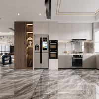 Îlot de cuisine moderne bicolore gris clair et bois foncé, écologique, avec appareils encastrés, niche LED, cuisine ouverte sur mesure