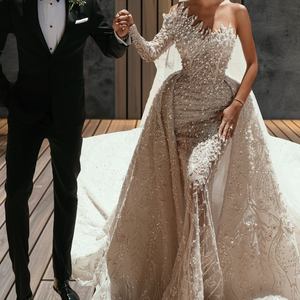 Lusso con perline illusione monospalla matrimonio per sposa africana abito da sposa lungo fino al pavimento in pizzo strascico staccabile con strascico - Product Image 2