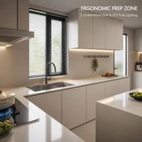 Meubles de cuisine modulaires sur mesure en bois massif pour toute la maison, îlot en U, plan de travail en pierre frittée, crédence écologique sans poignées
