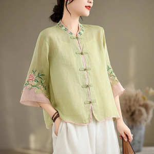 Traditional Chinese Embroidered Cotton Linen Shirt Women Stand Collar Three Quarter Sleeve Loose Fit Color Block Top - Product Image 1