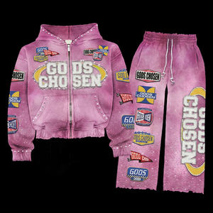 Custom Embroidery <strong>Patch</strong> Rhinestone Zip Up <strong>Hoodies</strong> And Sweatpants Vintage Cotton Sun Faded Tracksuit Graphic Acid Wash Hoodie - Product Image 2