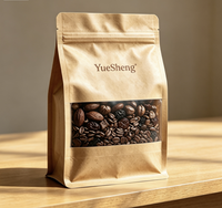 Sachet à café en papier kraft à fond plat avec valve de dégazage et fenêtre transparente, fermeture éclair refermable, qualité alimentaire, vente en gros, OEM