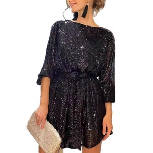 Cocktail Dress <b>Sequined</b> O-Neck Short Sleeve Sparkly Party Dress Women Elegant Evening Wear - Product Image 5