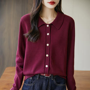 Cárdigan de punto con cuello para mujer Jinglingyun, manga larga, ajuste holgado, color liso, algodón puro, ropa de abrigo para primavera y otoño, anti-bolitas - Product Image 2