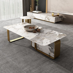 Mesa de Centro Rectangular Gruesa de Madera Contrachapada Curvada Hecha a Mano con Vidrio y Mármol, Patas de Acero Inoxidable con Acabado Dorado Cepillado - Product Image 3