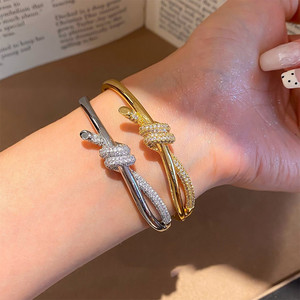 Wholesale Elegant Cubic Zirconia 18K Gold Plated Tying <strong>Knots</strong> Frosted Women Engagement Party <strong>Bangles</strong> Bracelets Gifts - Product Image 6