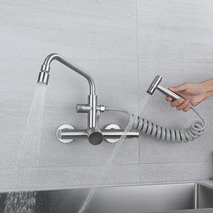 <span class=keywords><strong>Robinet</strong></span> de cuisine mural, <span class=keywords><strong>robinet</strong></span> d'eau froide et chaude 360° °   avec pistolet pulvérisateur, évier en acier inoxydable 304, multifonctionnel, brossé - Product Image 2