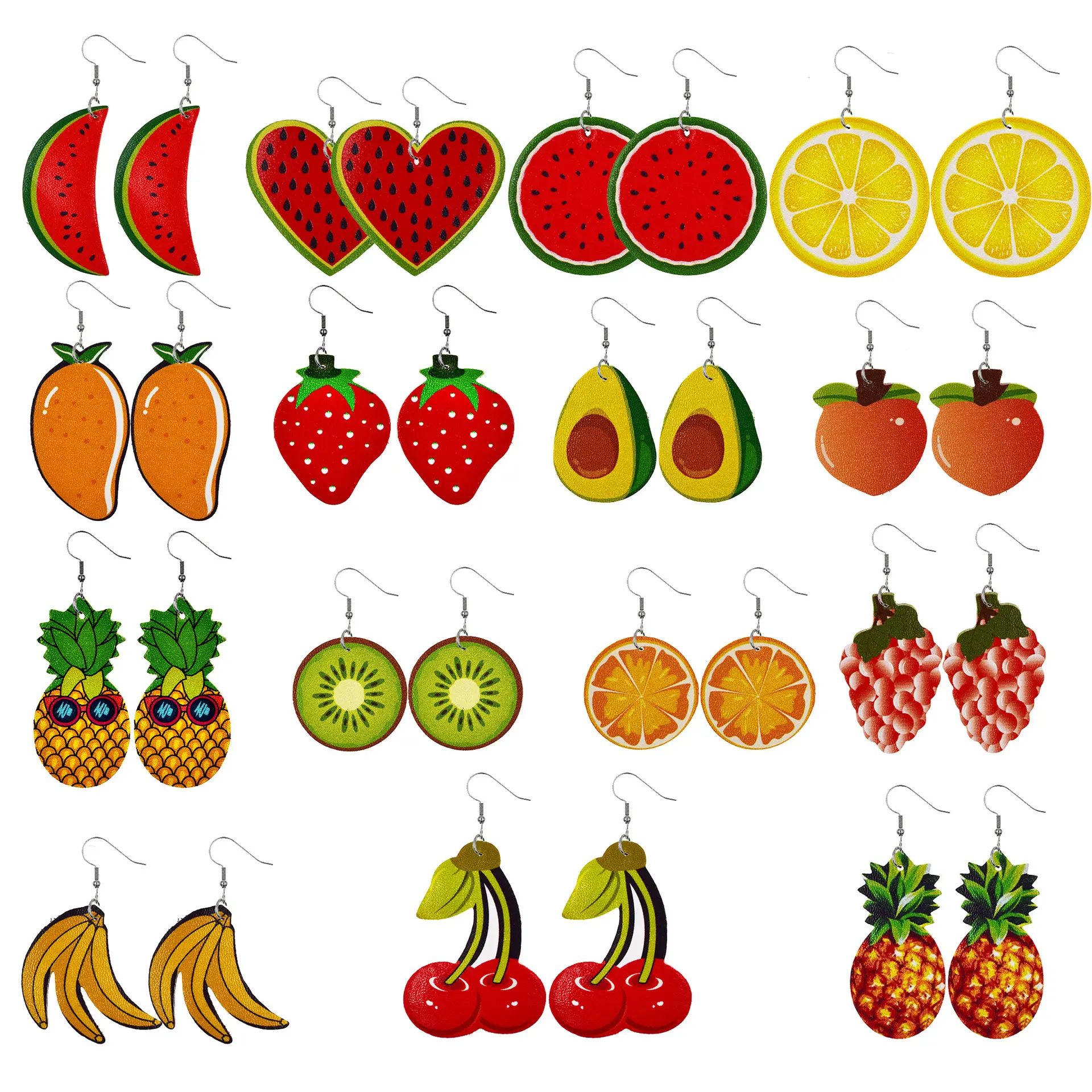 2021 nuovi orecchini in pelle di frutta hawaiana orecchini in pelle PU con stampa fronte-retro ananas, anguria, limone e ciliegia