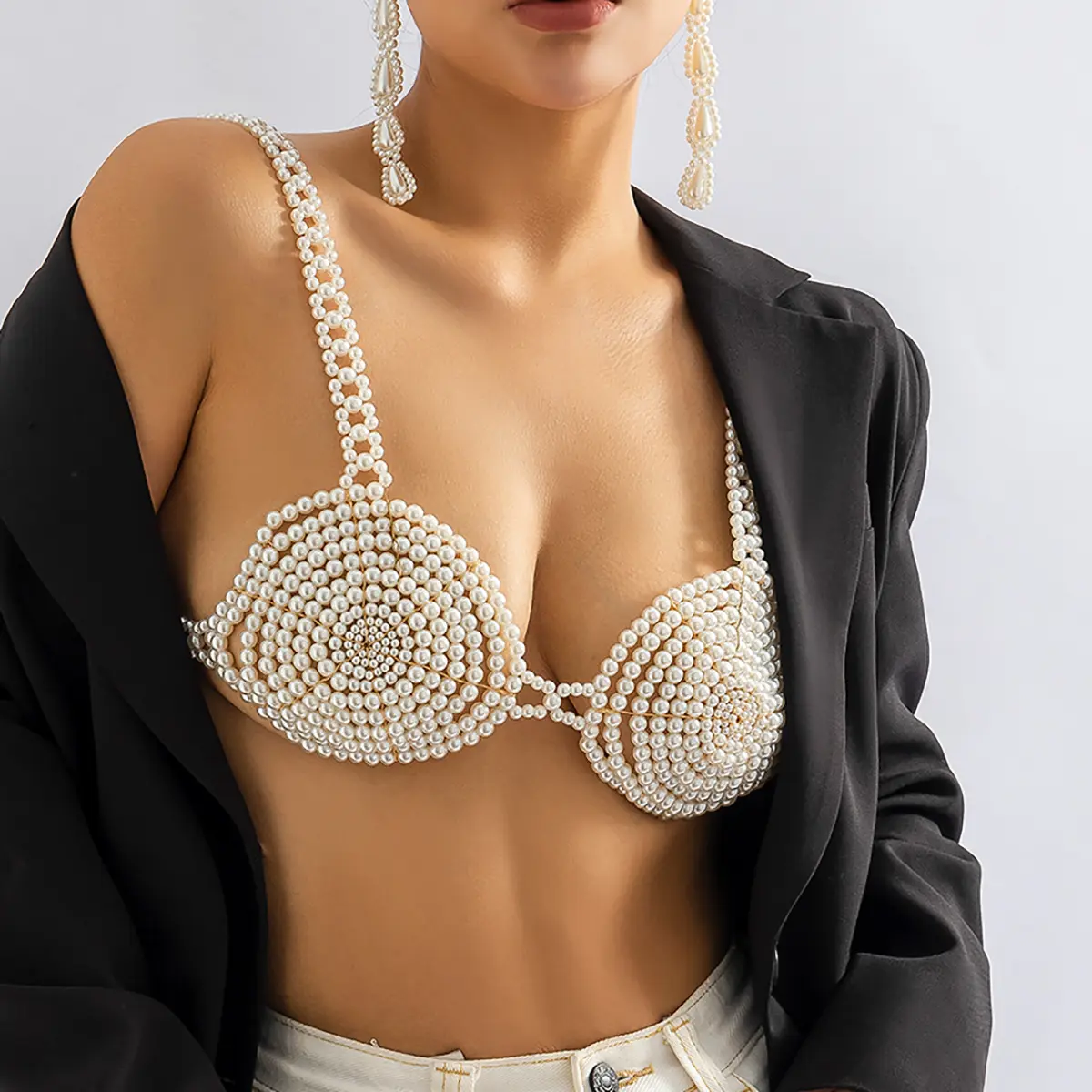 Sexy Nightclub Bra Handmade Beaded Pearl Body Chain for Women Fashion Bikini Chest Chain Body Jewelry Wholesale