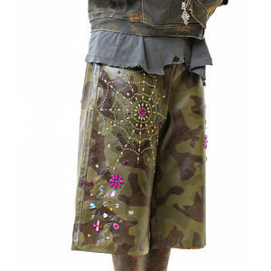 Custom High Quality Knee Length Baggy <b>3</b>/<b>4</b> Leather <b>Shorts</b> Crystal Logo Oversized Elastic Waistband Camouflage Pu Leather <b>Shorts</b> - Product Image 2