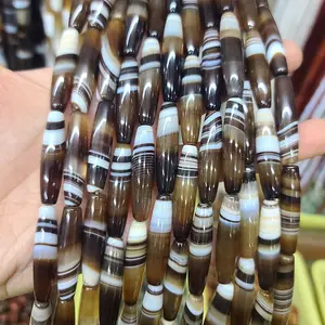 Ab0876 đồ trang sức mala tiêu cự hạt cà phê tự nhiên màu nâu dải sọc mã não Thùng hình bầu dục gạo thùng trống hạt - Product Image 1